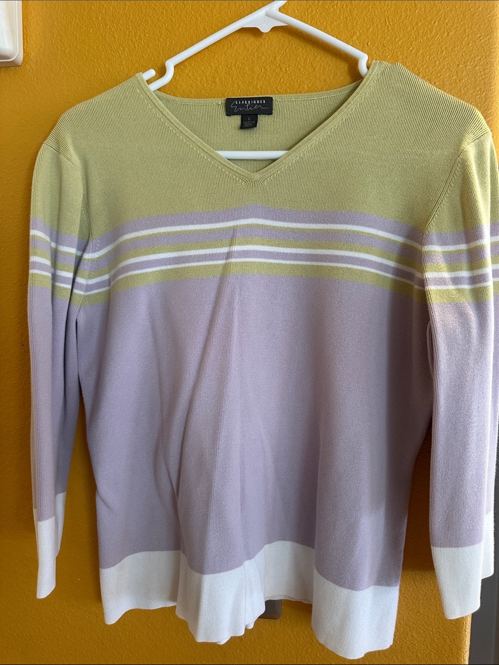 Women’s Charter Club Pastel Stripe V-Neck Sweater - Lilac, Light Green & White